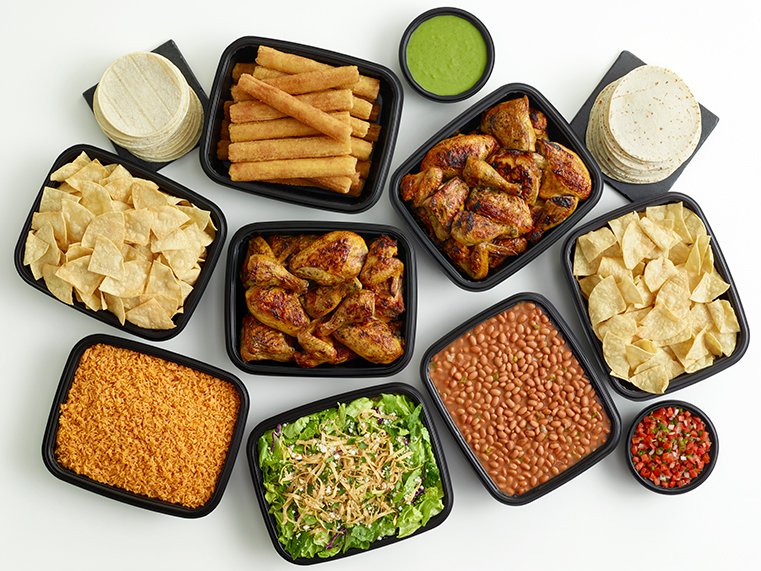 48-piece chicken meal with large sides, tortillas, churros, and salsas
